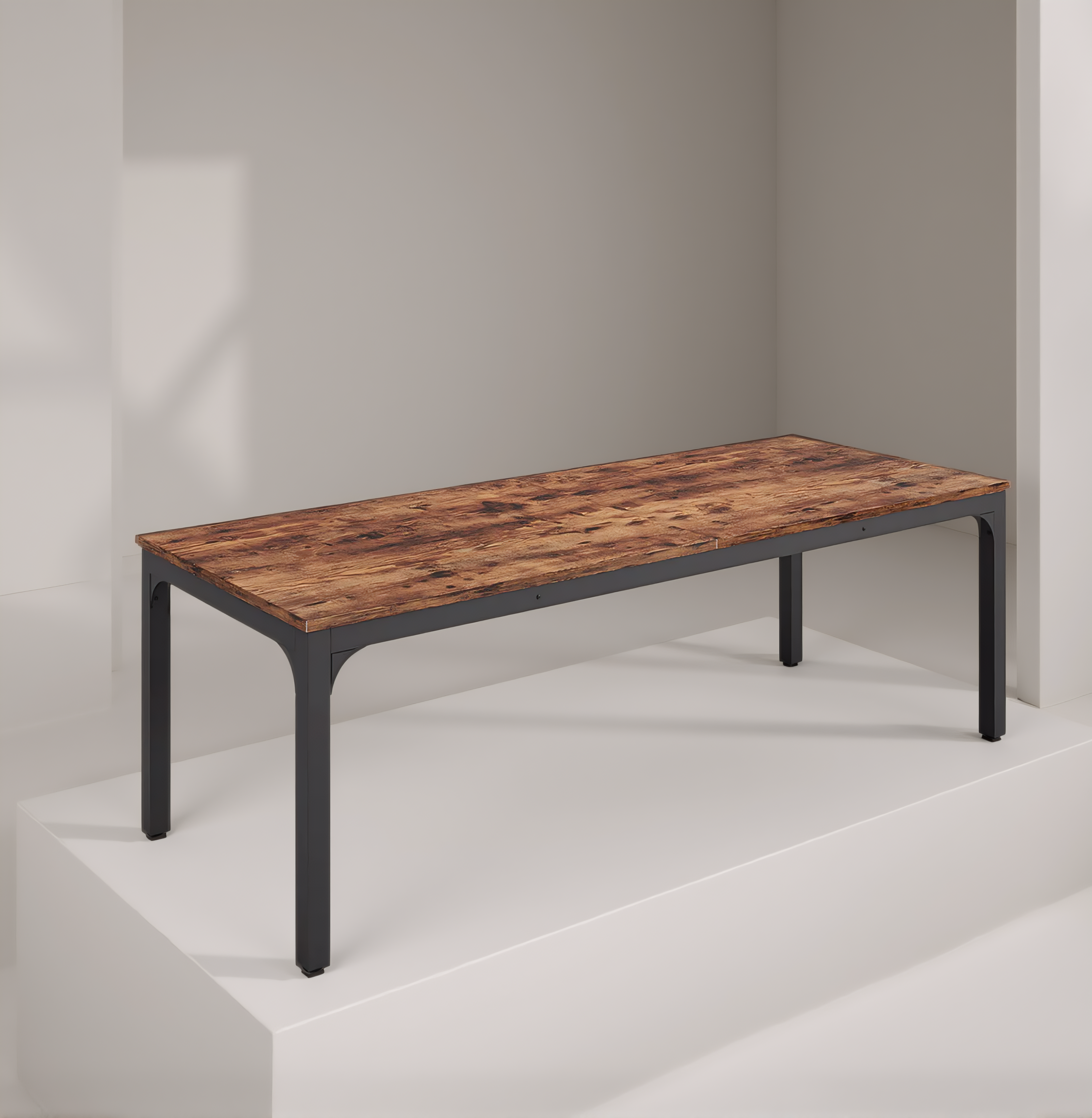 Rustic industrial office desk with wood grain top and black metal frame