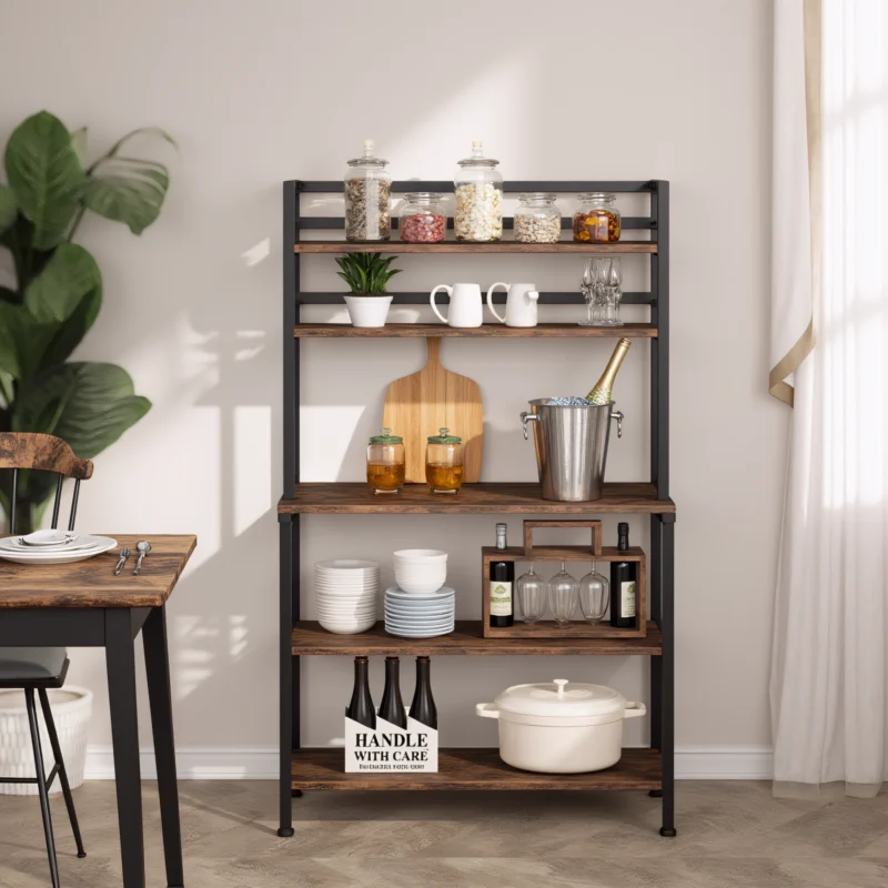 Dining storage shelf with jars, mugs, and wine