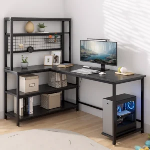 Sleek black L-shaped workstation with open shelving and LED monitor