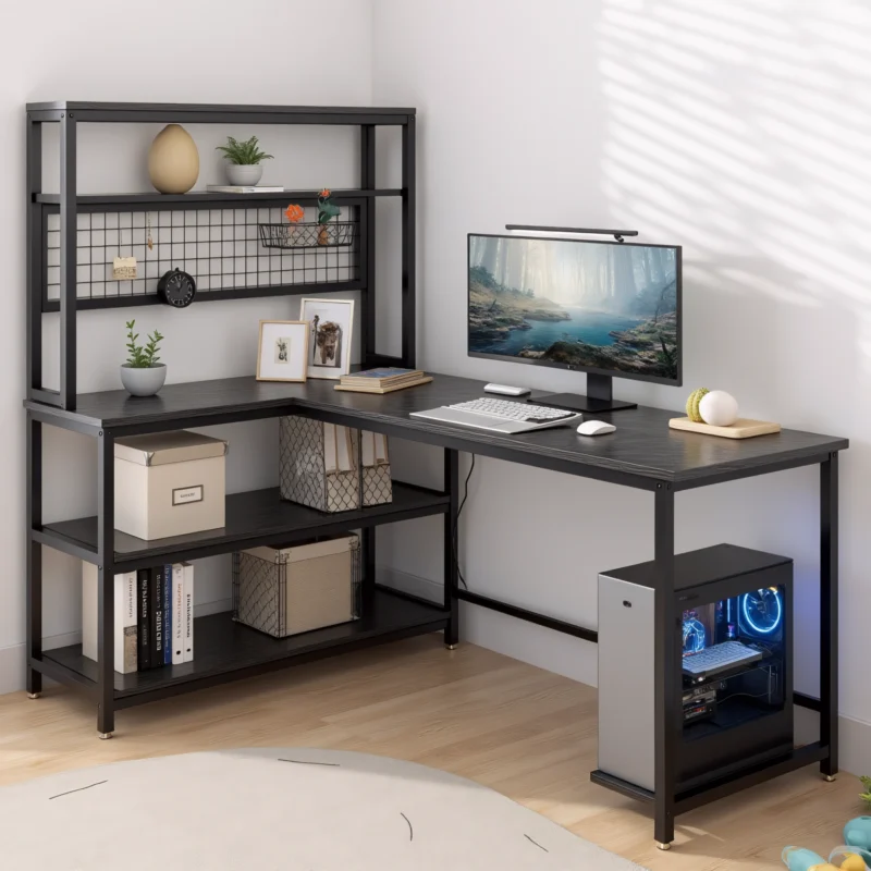 Sleek black L-shaped workstation with open shelving and LED monitor