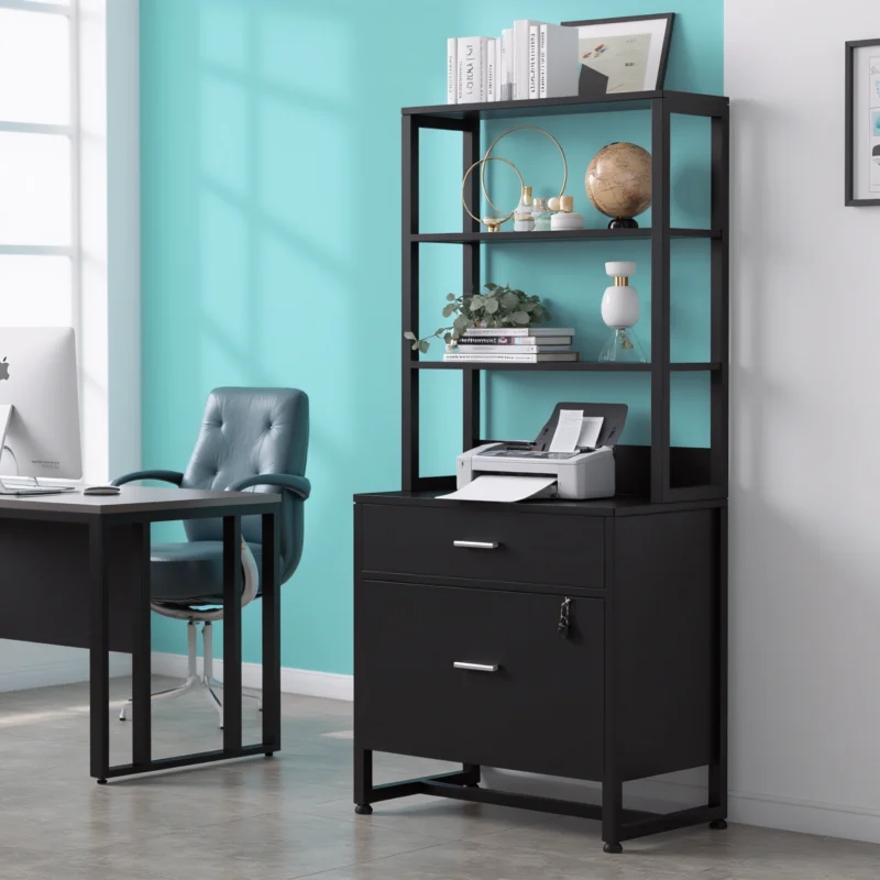 Black file cabinet with open shelving unit