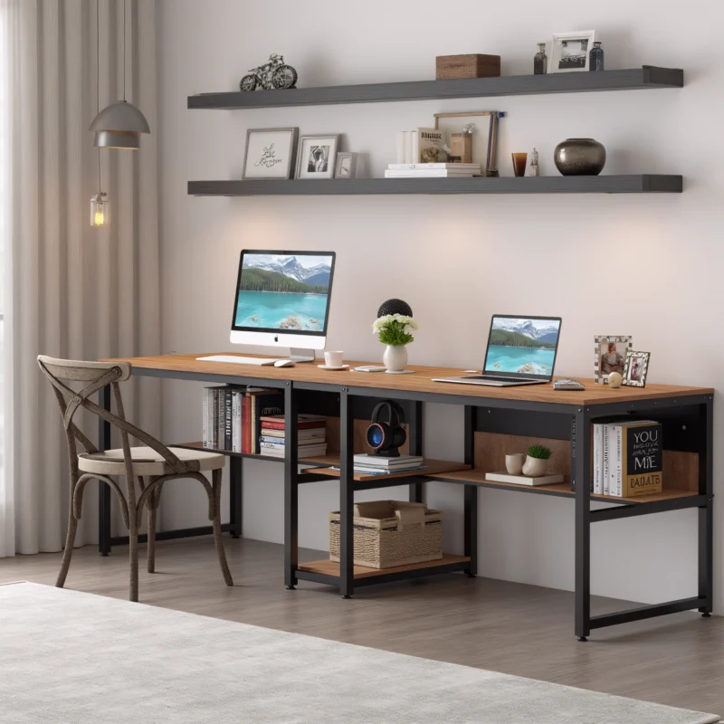 Contemporary two-person desk in a cozy room with floating shelves and wood flooring, styled with decor and tech.
