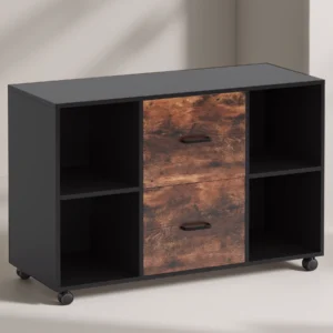 Rustic 2-drawer mobile file cabinet with open shelves