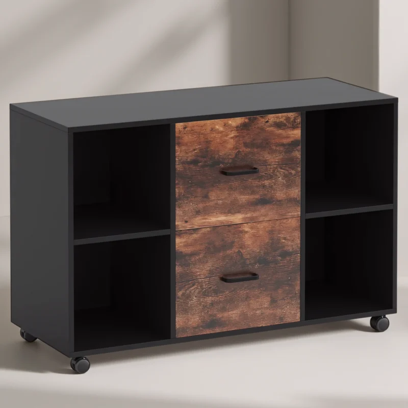 Rustic 2-drawer mobile file cabinet with open shelves