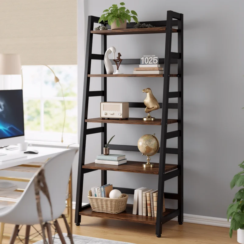 Dark ladder bookshelf with globe and retro radio in bright home office