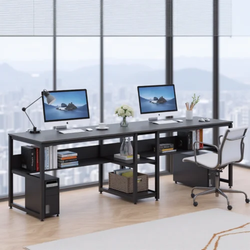 Modern office desk in a high-rise with panoramic city view, black desktop, white chairs, and clean workstation setup.