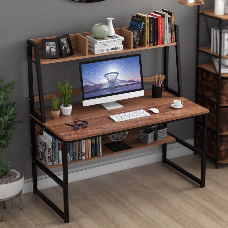 Minimalist white desk with top cubby shelf and gold metal frame