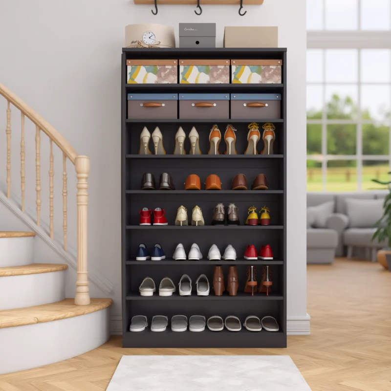 Dark wood shoe rack near stairs filled with high heels and sneakers