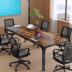 Large wood conference table with six mesh chairs in a modern boardroom
