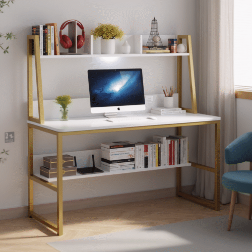 Rustic wood and black metal desk with bookshelf and computer setup