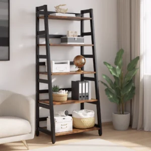 Modern ladder shelf styled with globe, files, and baskets in neutral room