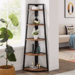 Black and Rustic Wood Corner Shelf by Window