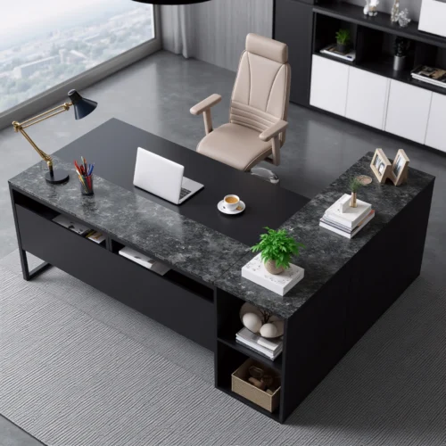 L-shaped workstation with marble accents and light-toned flooring