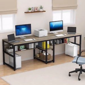 Rustic brown and black dual workstation with computer setups and books, placed in a bright and neutral-toned office.