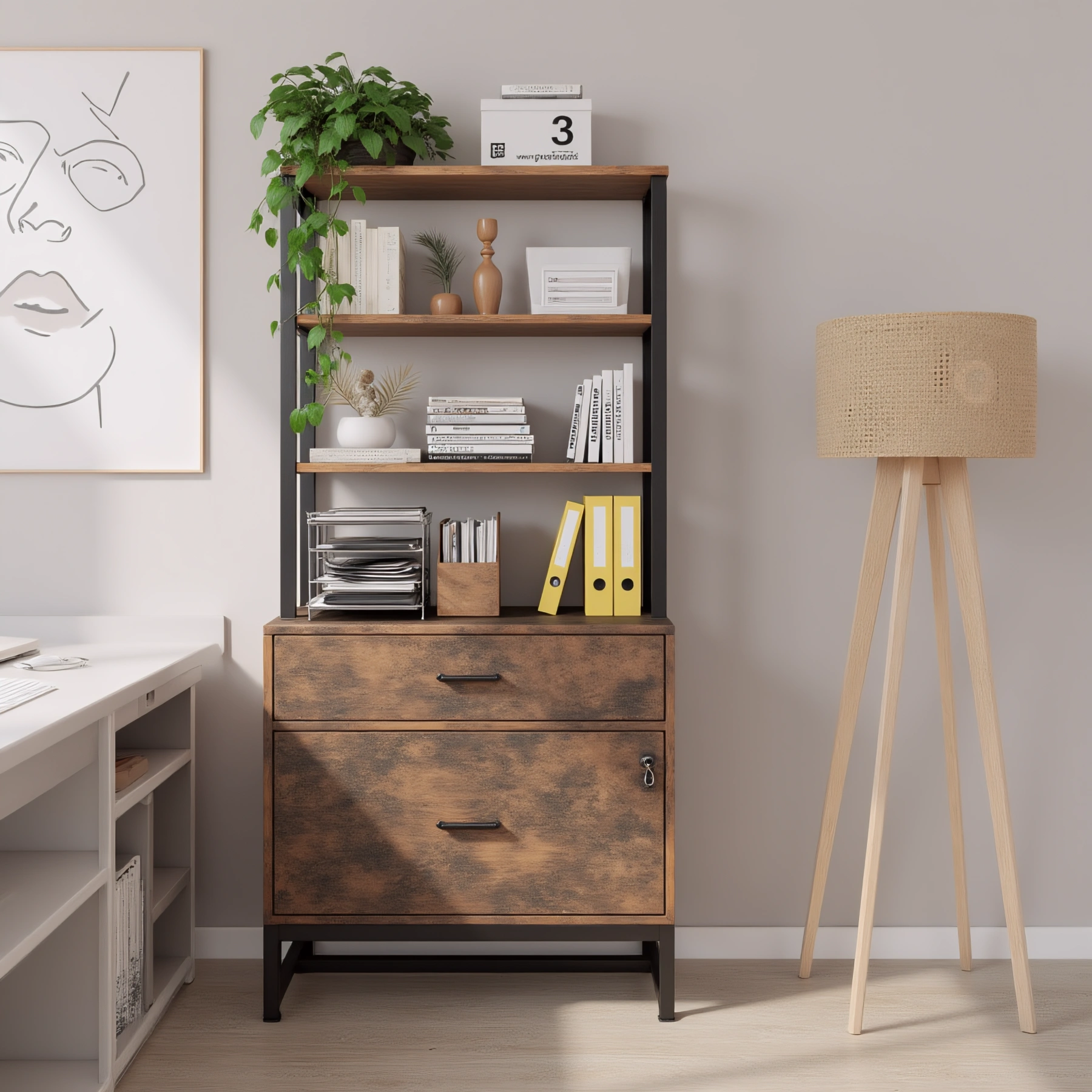 Bookshelf with printer shelf in wood grain and black metal