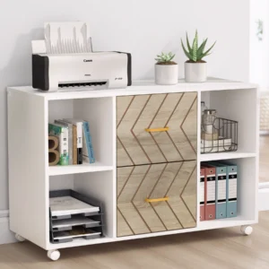 White mobile file cabinet with plants and folders