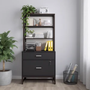 Matte black file cabinet with shelf and indoor plant decor