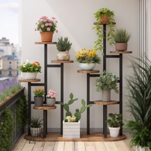 Balcony plant display with wooden and black metal tiered rack