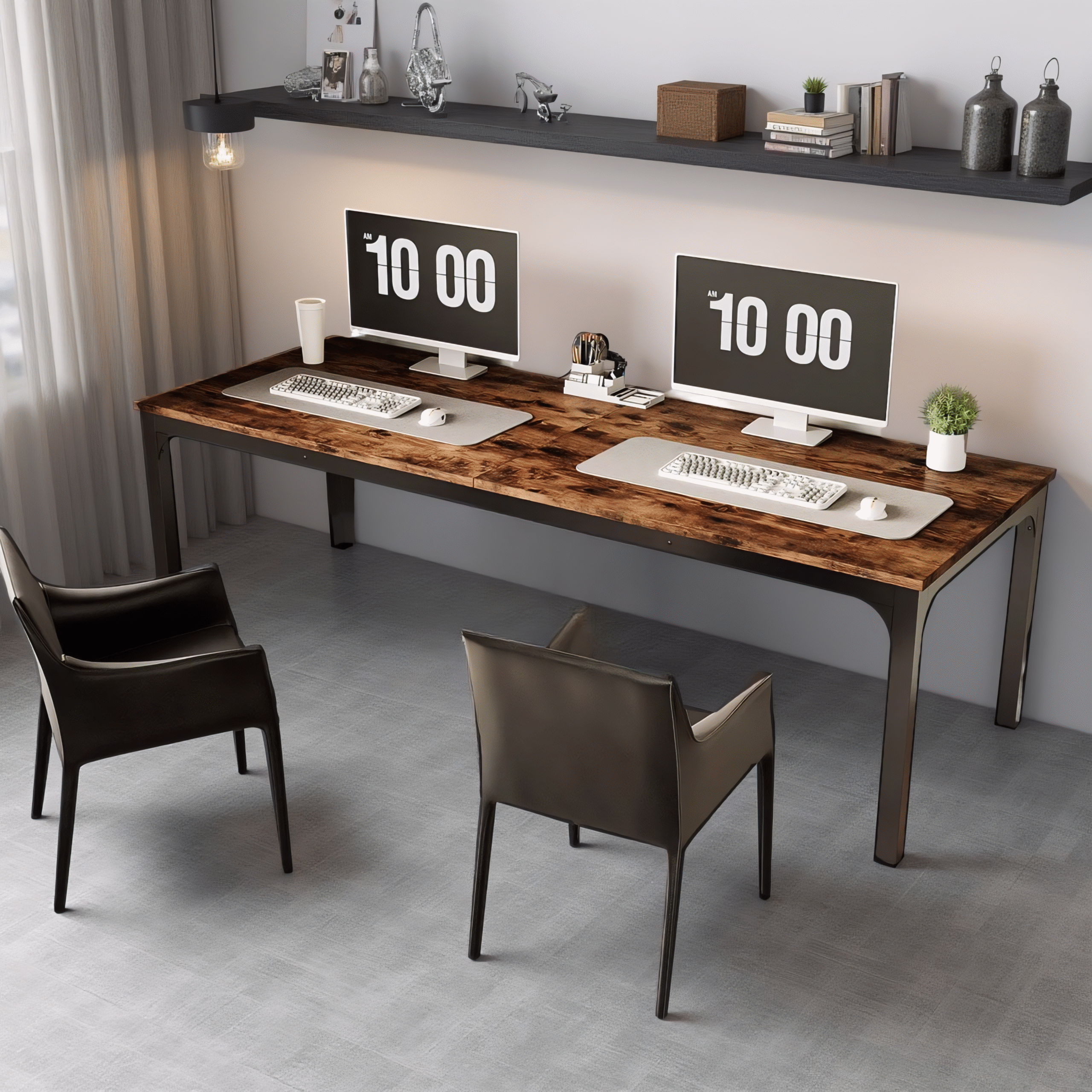 Dual monitor wood desk with leather chairs and industrial frame in a clean workspace
