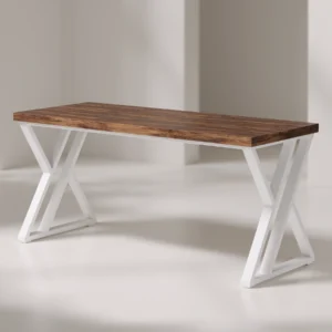 White X-frame desk with natural wood top in a white photo studio background