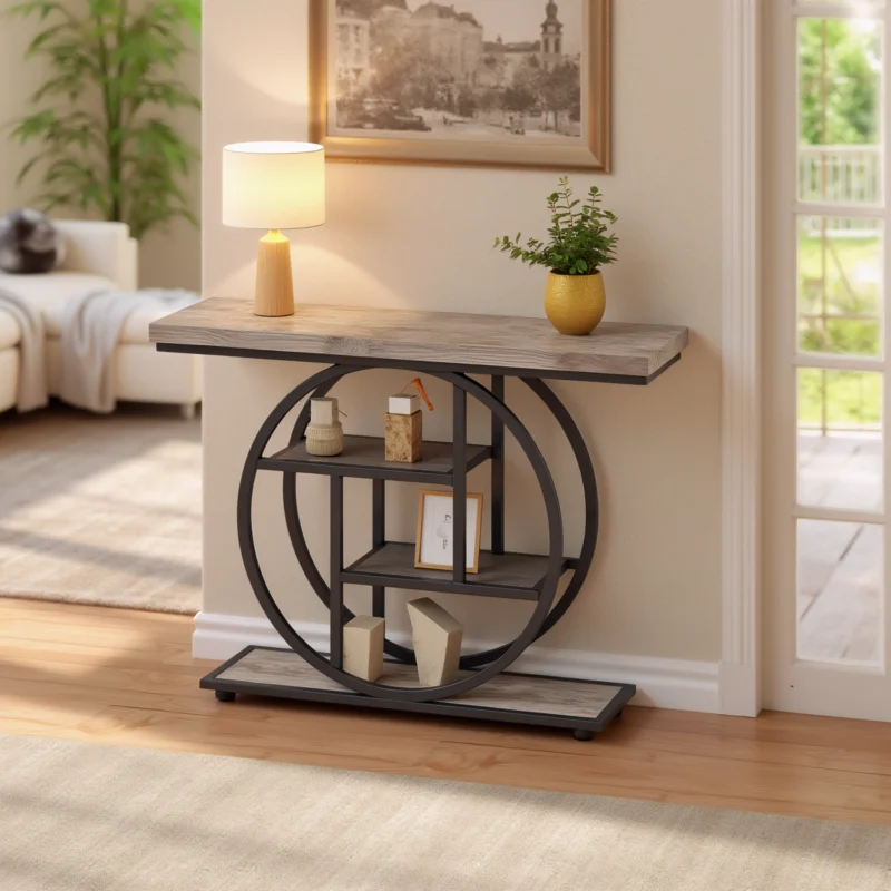 Light wood console table with black frame beside French door