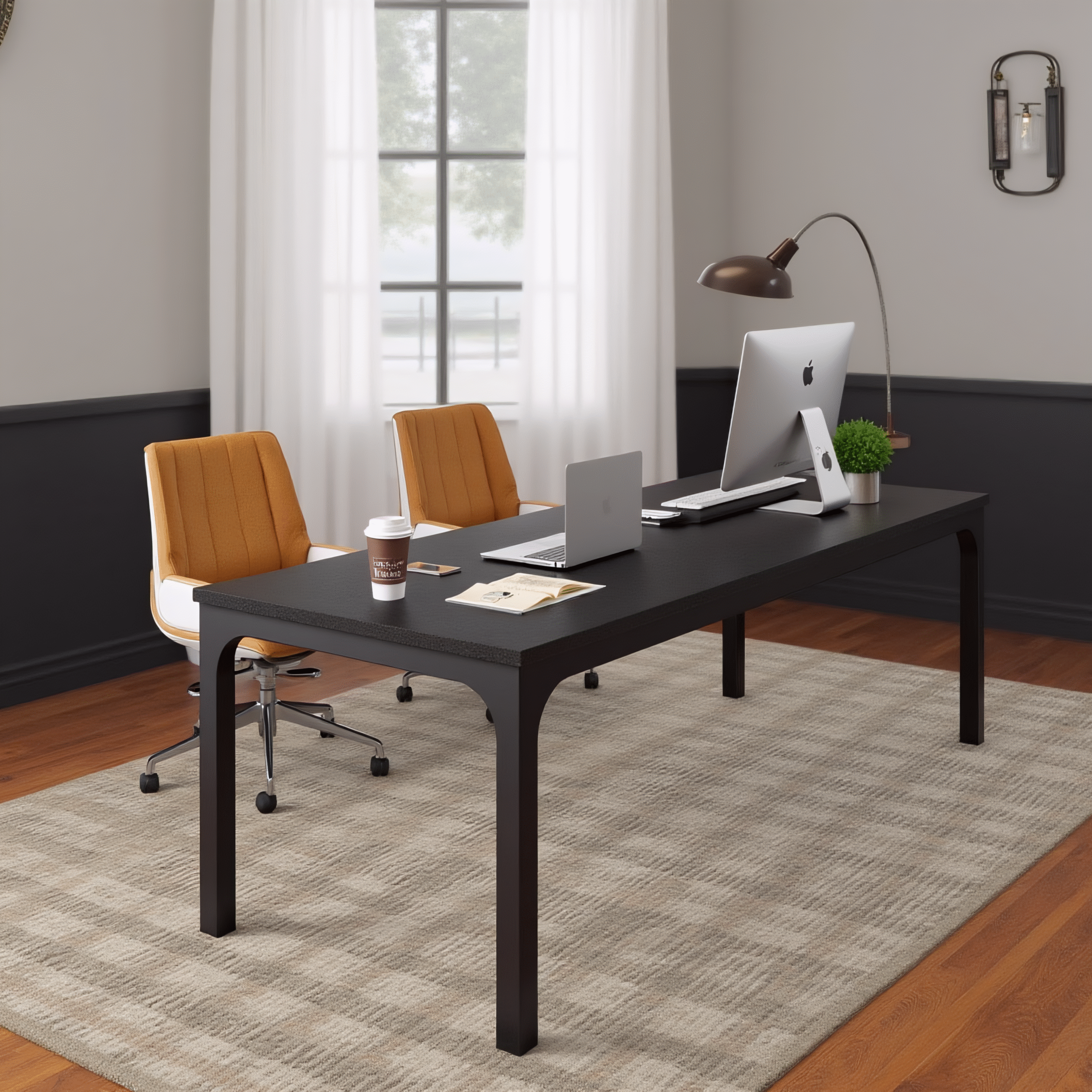 Black executive desk with two orange office chairs in a warm-toned study