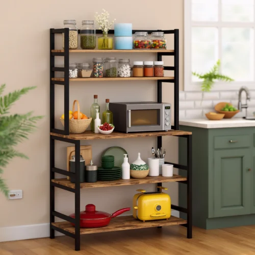 Kitchen shelf with microwave and spice jars