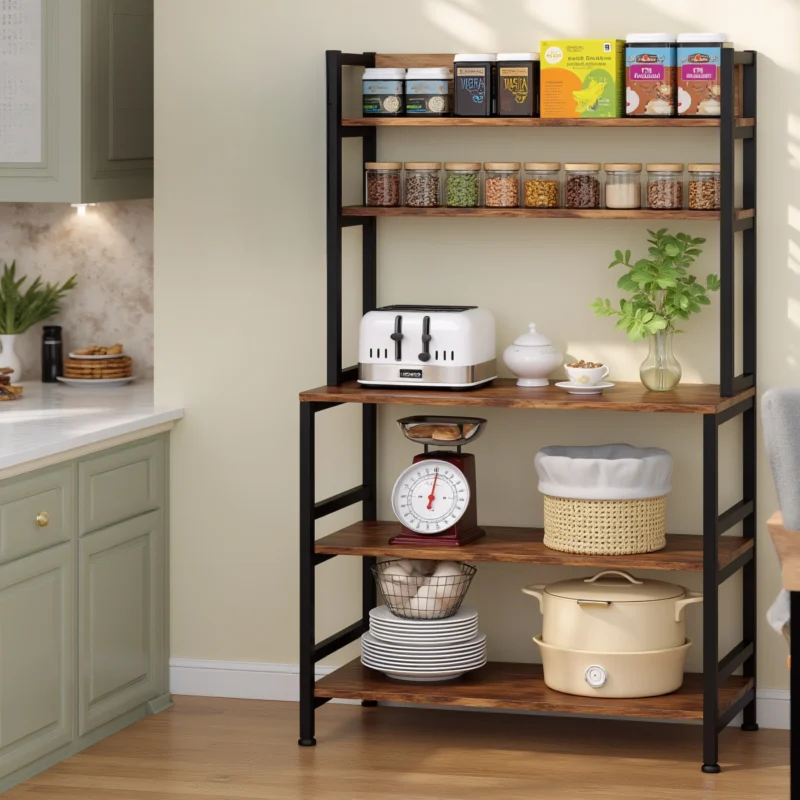 Rustic baker’s rack with toaster and kitchen essentials