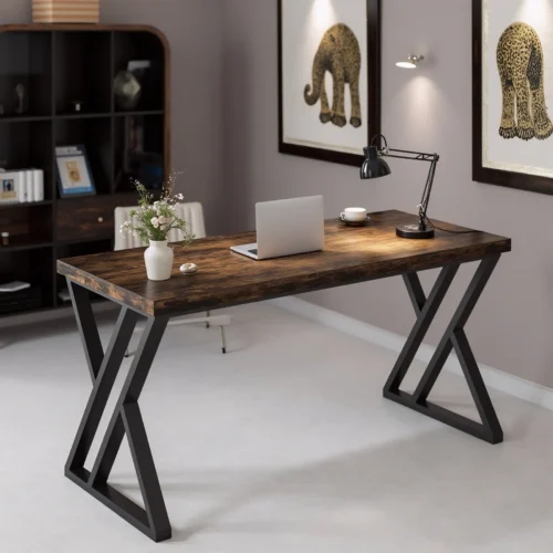Vintage dark wood X-leg desk with black frame in elegant study setting