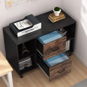 Black file cabinet with open drawers filled with blue folders