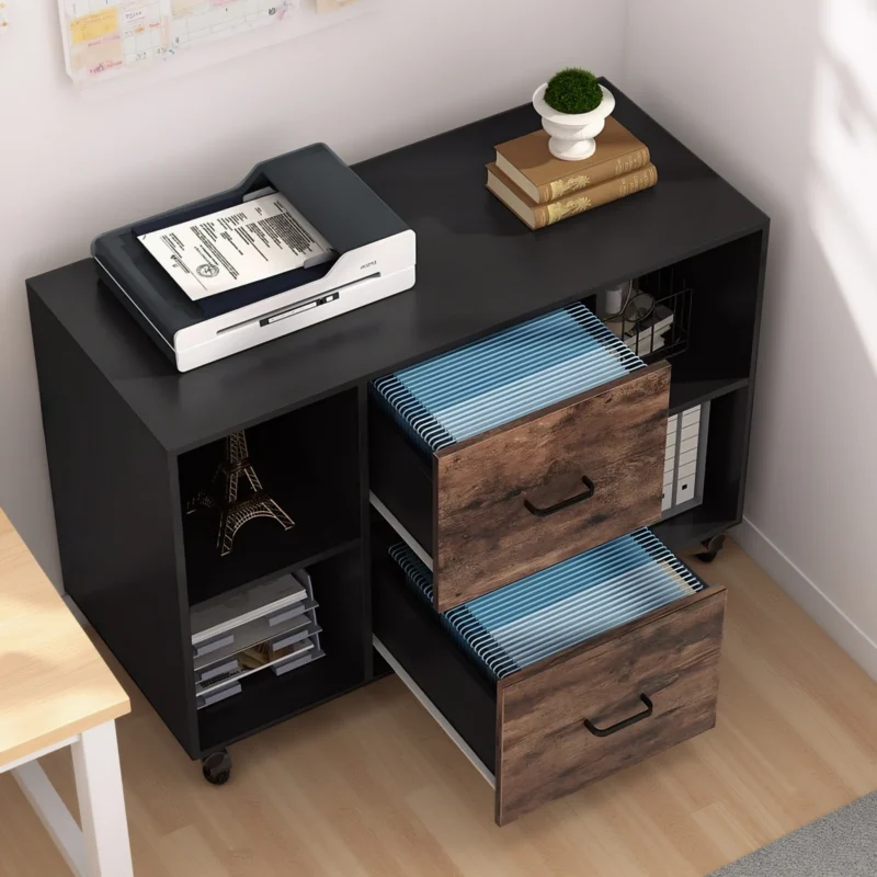 Black file cabinet with open drawers filled with blue folders