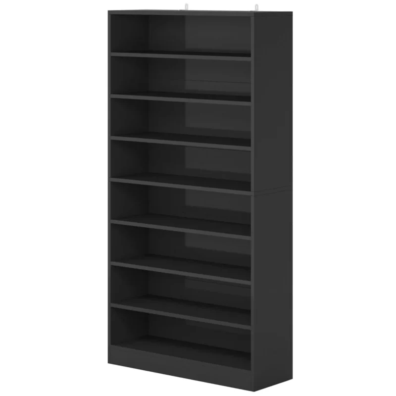 Black empty shoe cabinet with 8 shelves and a clean silhouette