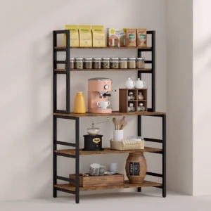 Industrial 5-Tier Baker’s Rack with Microwave Shelf and Coffee Station Storage in Rustic Brown and Black Frame