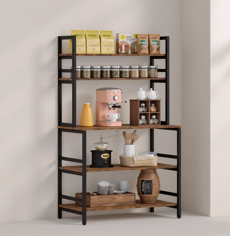 Industrial 5-Tier Baker’s Rack with Microwave Shelf and Coffee Station Storage in Rustic Brown and Black Frame
