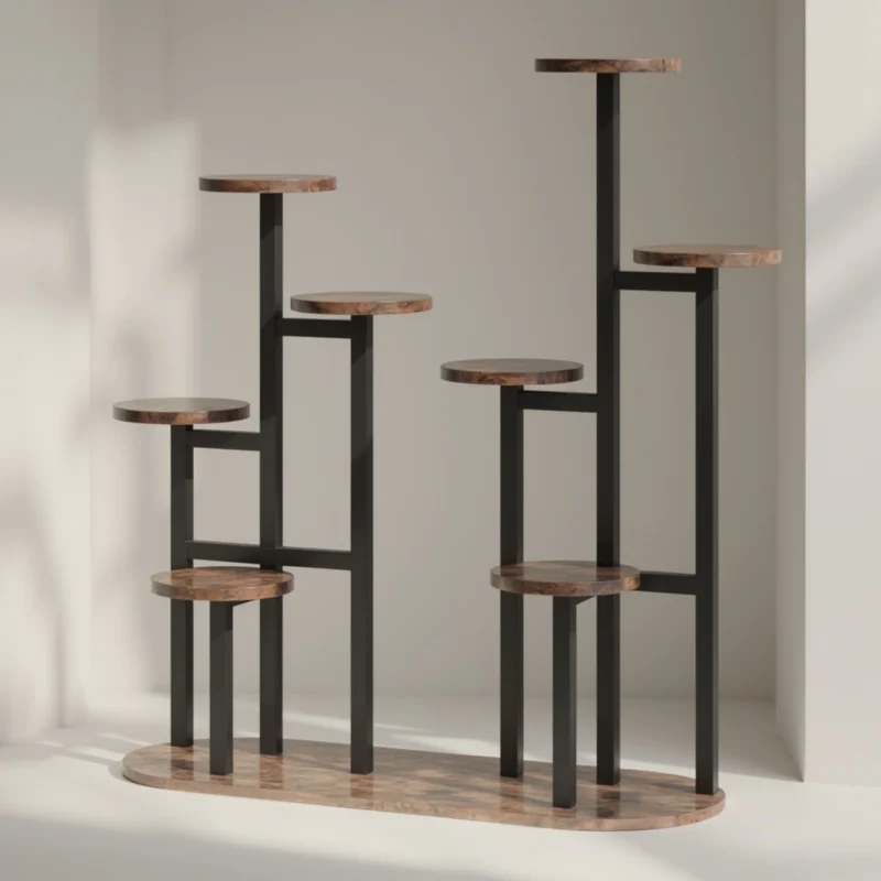 Geometric tiered plant stand with sunlight shadows
