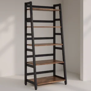 Empty industrial-style ladder shelf in a minimalist studio