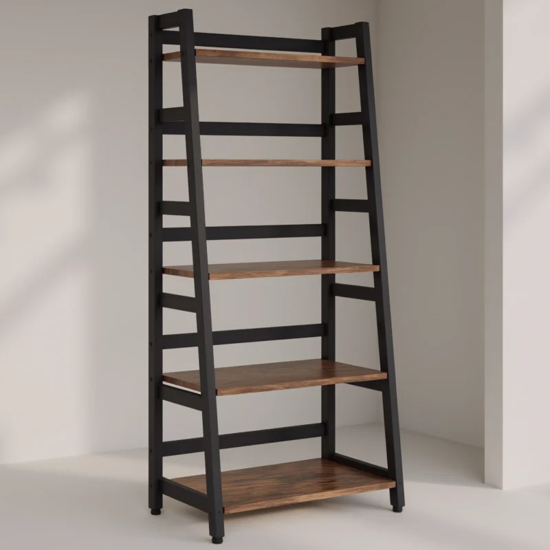 Empty industrial-style ladder shelf in a minimalist studio