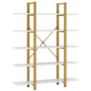 Modern minimalist open bookcase with gold frame and white shelves