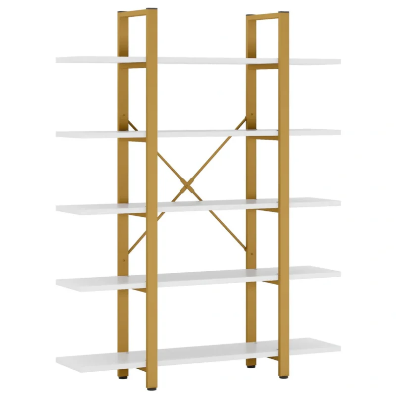 Modern minimalist open bookcase with gold frame and white shelves
