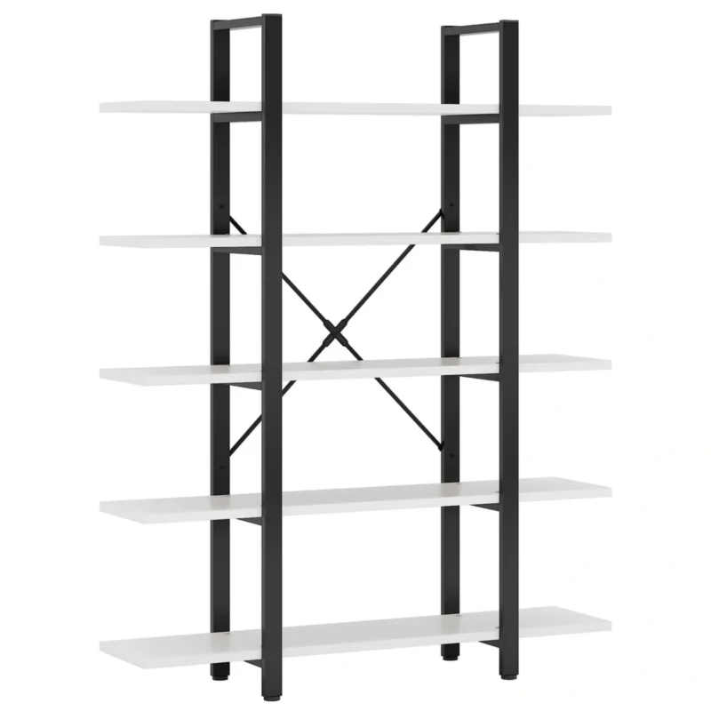 Modern black and white open bookshelf with metal frame